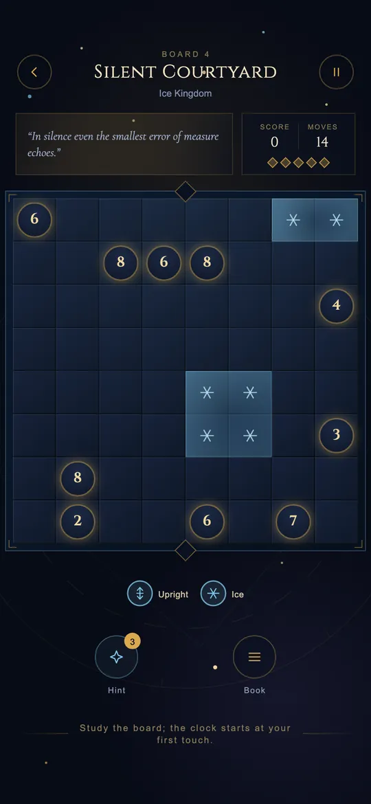 The Silent Courtyard board: gold seals, upright seals and ice cells